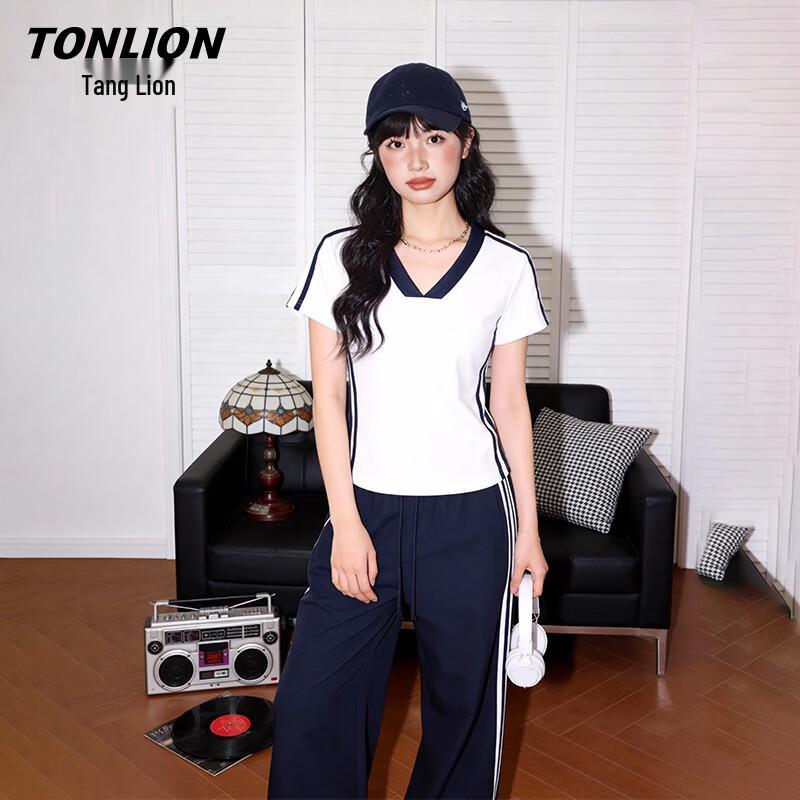 TonLion Women s V-Neck Slim Fit Colorblock Short Sleeve T-Shirt S белый