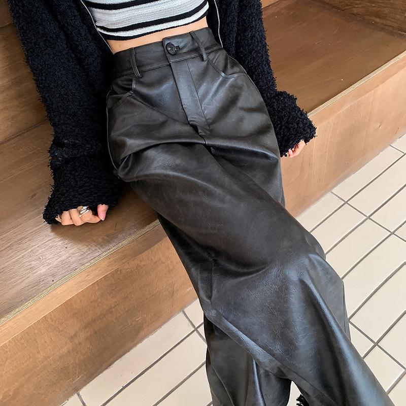 

Женские кожаные брюки новые кофейного цвета прямые и тонкие повседневные кожаные брюки кожаные персонализированные свободные брюки широкие брюки детские осенне-зимние 2XL