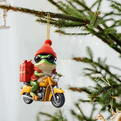Christmas Frog Ornament Cartoon Frog with Santa Hat Riding Motorcycle Acrylic Pendant Xmas Tree Hanging Decoration for Tree Window Car Decor