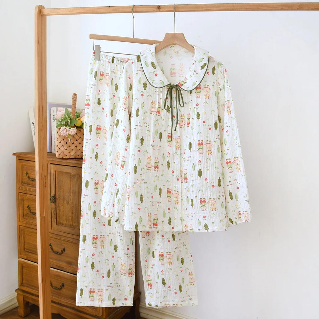 2025 New Spring/Summer Women's Pajama Set 100% Cotton Crepe Small Fresh Sweet Long Sleeve Long Pants Two Piece Home Clothes