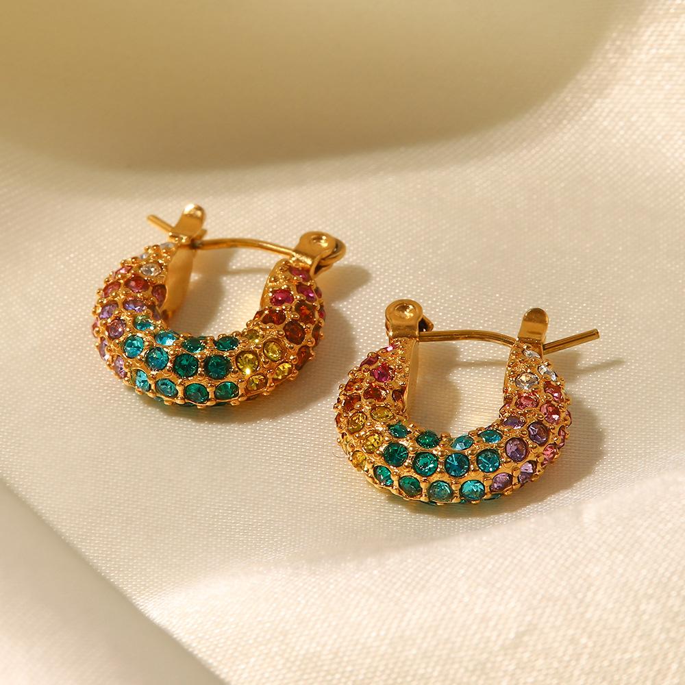 New Lava Hammered Colorful Zircon Earrings 18K Stainless Steel Gold Plated Chunky Hoop Earrings