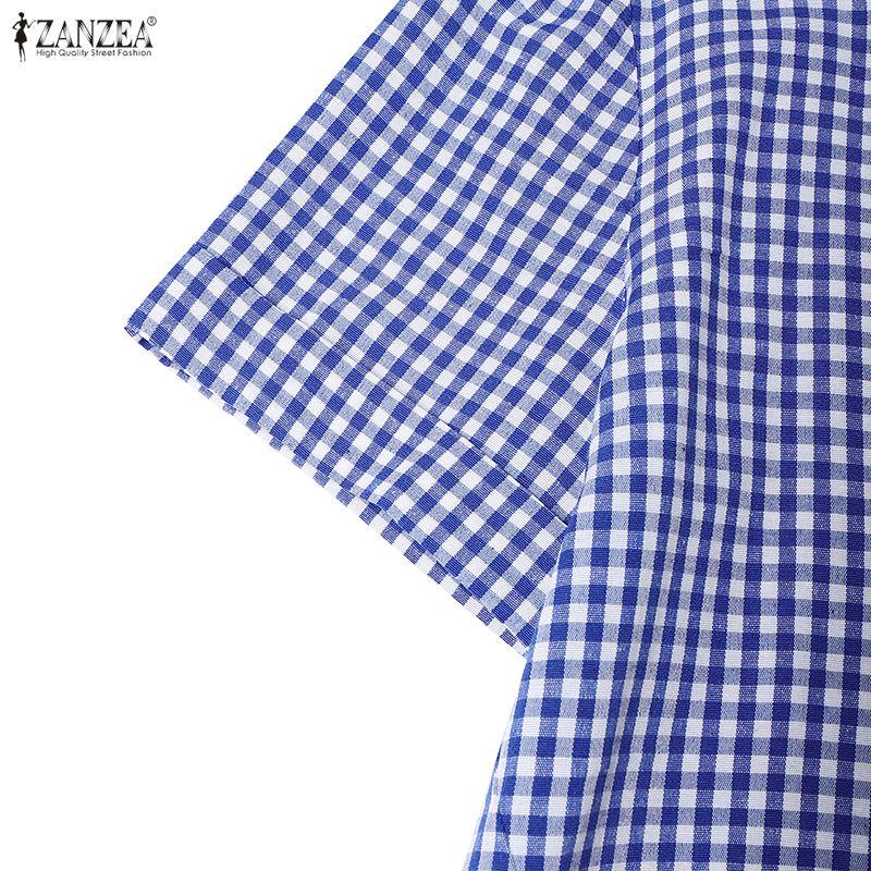 ZANZEA Women Casual V-Neck Short Sleeve Loose Grid Print Dress