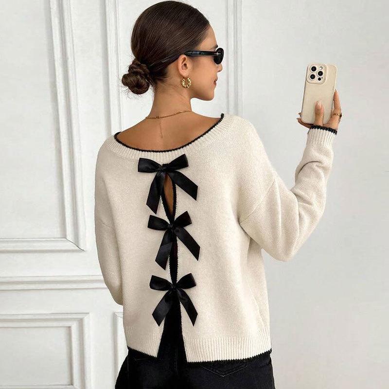 Europe and the United States cross-border autumn and winter women's sweater Amazon sexy fashion bow long sleeve pullover knitted sweater top women