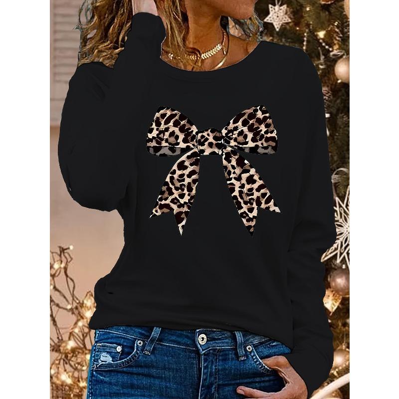 Europejski Rozmiar Damska Koszulka z Panterkowym Wzorem i Panterkową Kokardką - Codzienny Sweter z Długim Rękawem i Okrągłym Dekoltem, Luźny Krój Bluzki do Noszenia na Co Dzień, - Stylowa Codzienność