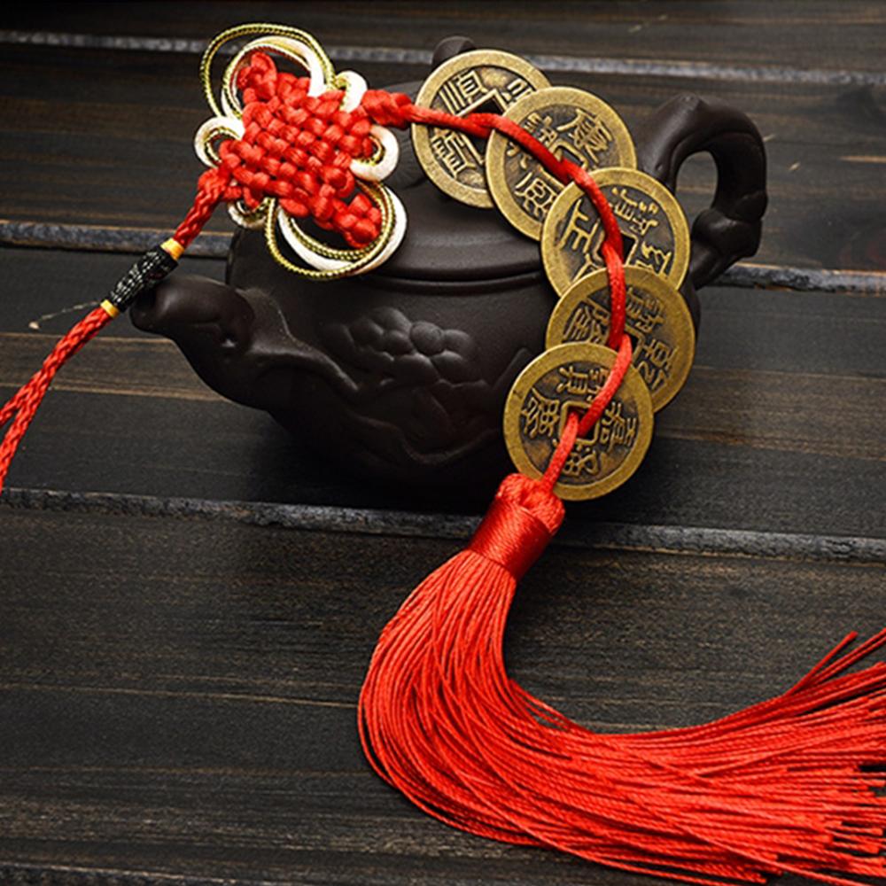 Ancient Coin Antique Fortune Money Luck Wealth Success 5 Or 6 Copper Coins Chinese Knot Red Rope Feng Shui Lucky Home Decoration