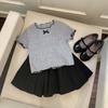 1-12Y Girl's Shirts Korean-style Knitted Lace-Trimmed Short-Sleeve Summer Ruched Tops Trendy Breathable Bow Tie Versatile Tee