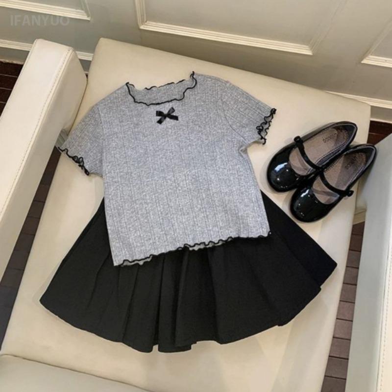 1-12Y Girl's Shirts Korean-style Knitted Lace-Trimmed Short-Sleeve Summer Ruched Tops Trendy Breathable Bow Tie Versatile Tee