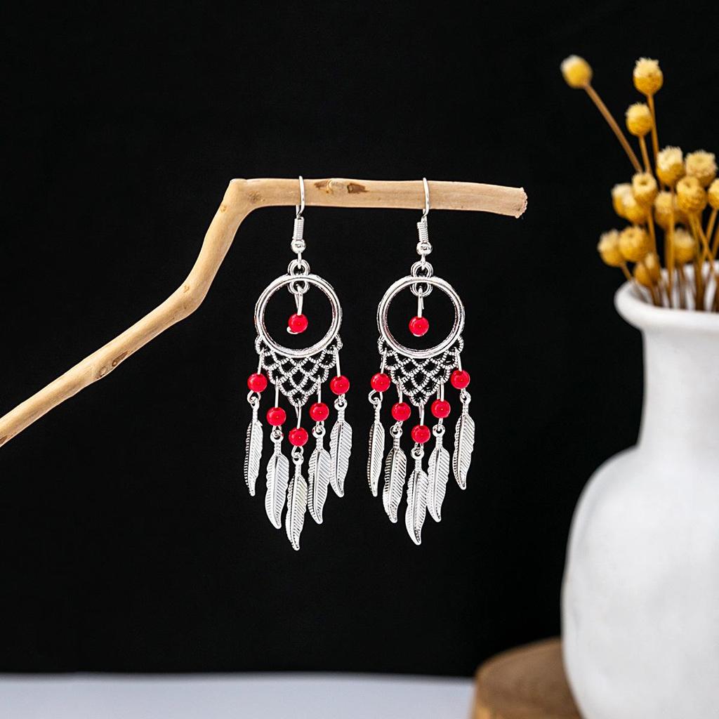 Bohemian Ethnic Miao Silver Turquoise Tassel Earrings for Women