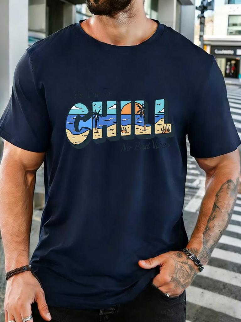Coastal Chill No Bad Vibes Beach Palm Slogan Print Unisexs Cotton Crew Neck Tee Short Sleeve Loose Summer Street Male Wear Top