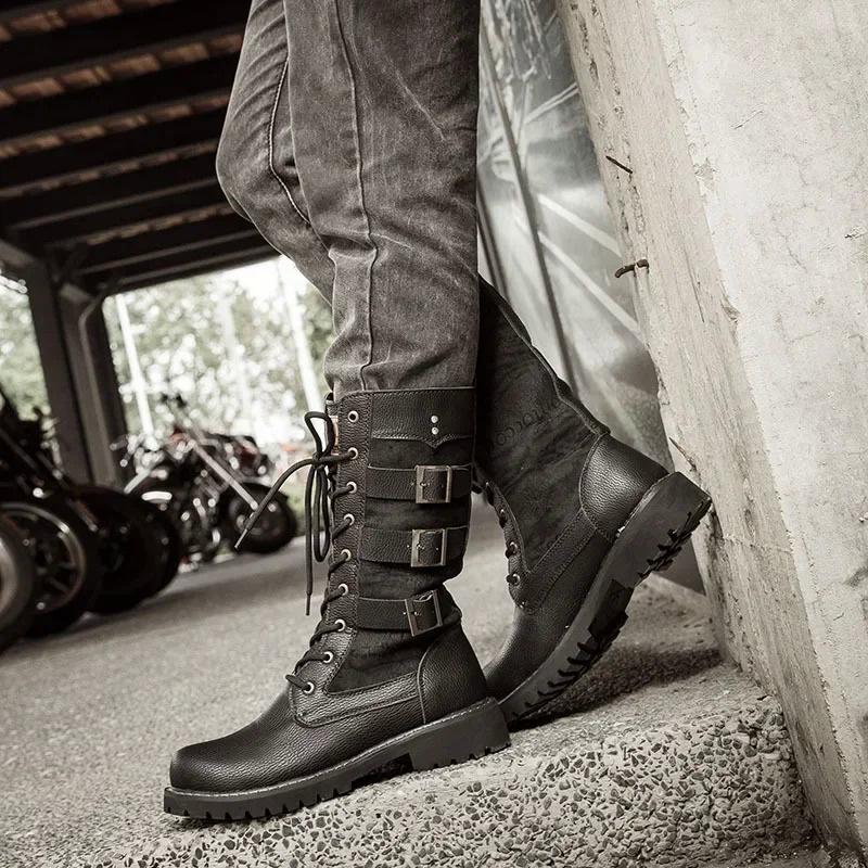 Luxus-Design Lederschnalle Riemen Mitte der Wade Männer Motorradstiefel Mode Schnürschuhe Britischen Stil Qualität männliche Schuhe Botas Hombre