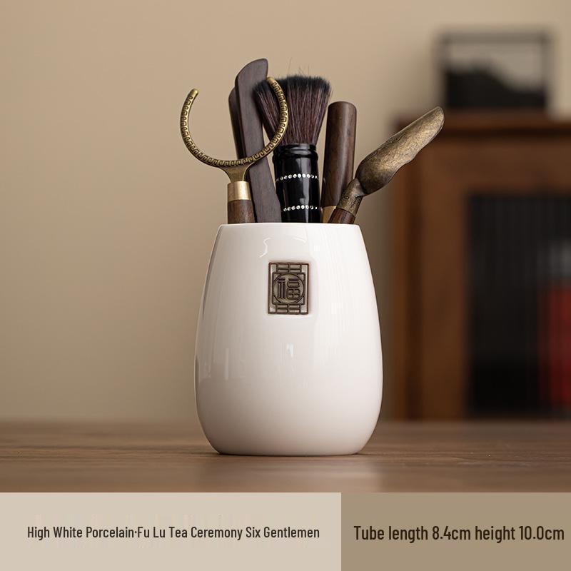White Porcelain Kung Fu Tea Ceremony Set: 6-Piece Accessory Kit with Tea Clip, Needle, Teapot Brush for Home Use