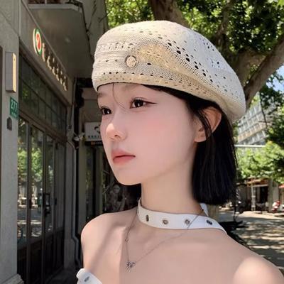 Korean Version Vintage Hollow-out Solid Color Thin Breathable Beret for Women, Summer Artistic Versatile Small-face Painter Hat