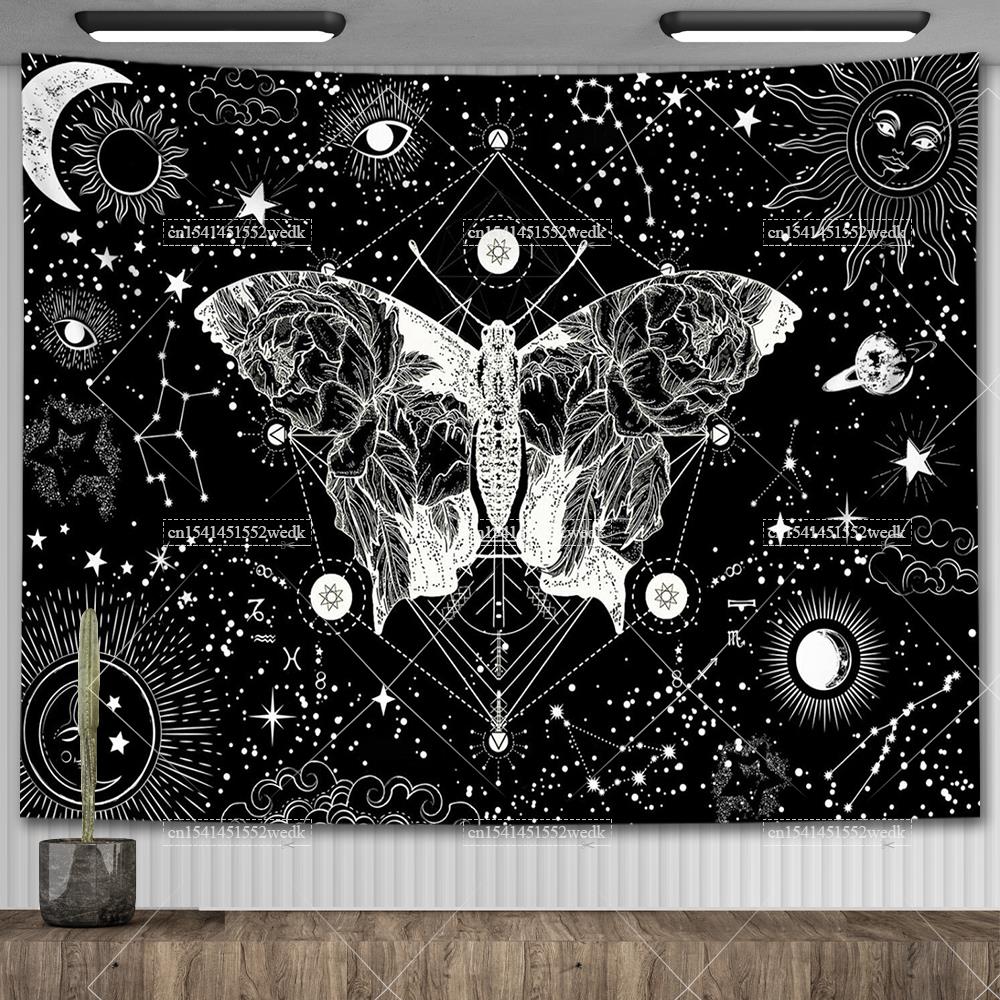 Mondphase Schmetterling Wandteppich Schädel Psychedelisch Mond und Sterne Motte Wolf Wandteppiche Wandbehang Für Zimmer Ästhetische Deko Poster