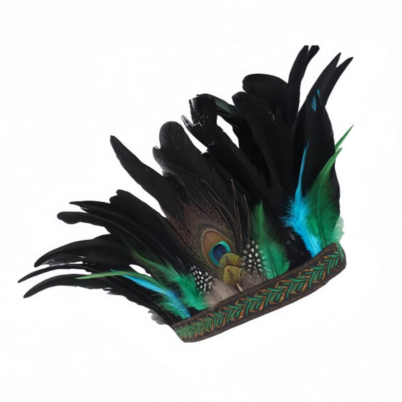 Fashion Feather Crown Headbands With Strap Decorative Headdress Indian Crown Hair Band Halloween Cosplay Headwear