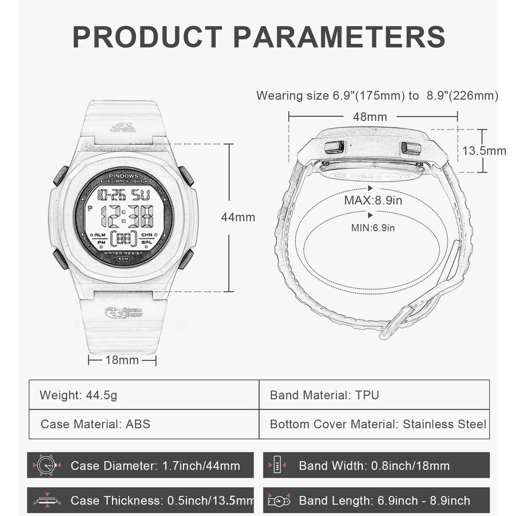 PINDOWS Dijital Spor 50m Su LED Arka Aydınlatmalı Kol Saati Günlük Kullanım İç ve Dış Mekan Kadın Saati, Saat, Dayanıklı, (Alarm, Kronometre ile