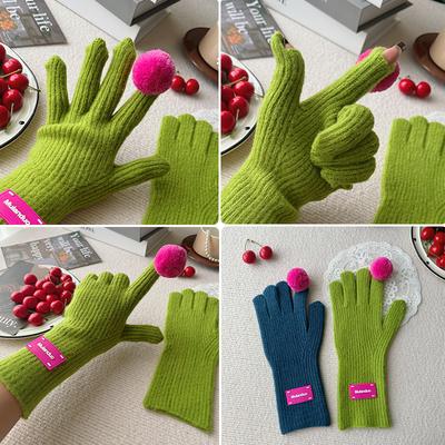 High End Touch Screen Warm Winter Thickened Wool Balls with Contrasting Colors and Funny Hand Knitted Gloves