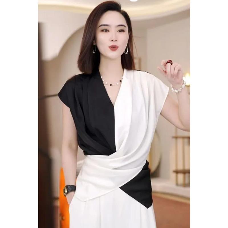 Light Luxury Style Design Color Block V-neck Shirt for Women Summer Thin Elegant Unique Unique Beautiful Top Trend