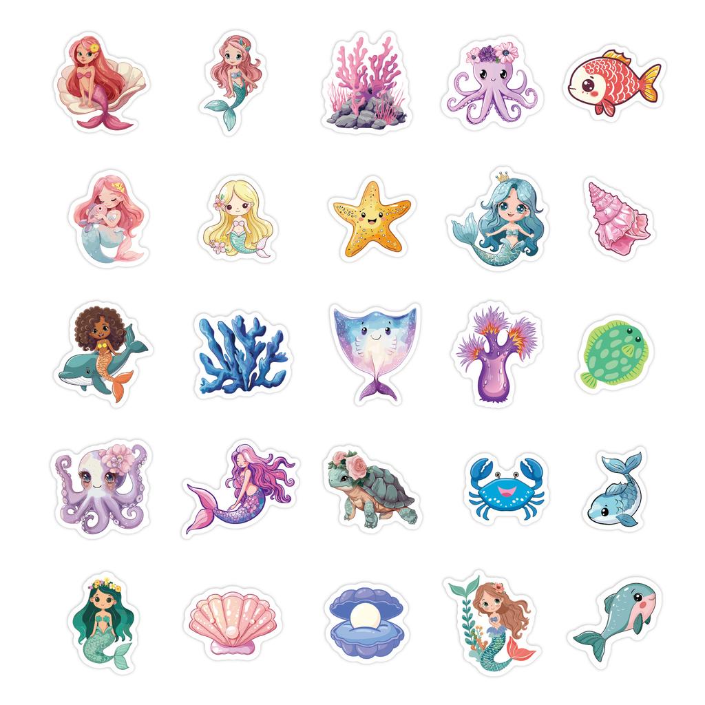 50pcs Original mermaid princess stickers for children, waterproof cartoon graffiti luggage mermaid stickers