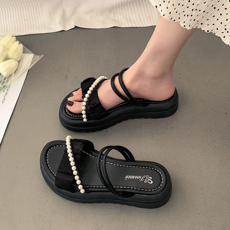 Two wear cool slippers, summer wear ins trendy new fashion pearl fairy style with skirt platform sandals