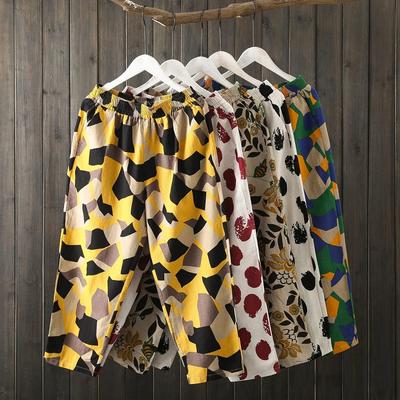 Calças Harlen Femininas, Novas Calças Harlen Femininas de Algodão e Linho Estampadas de Verão de Nove Pontos