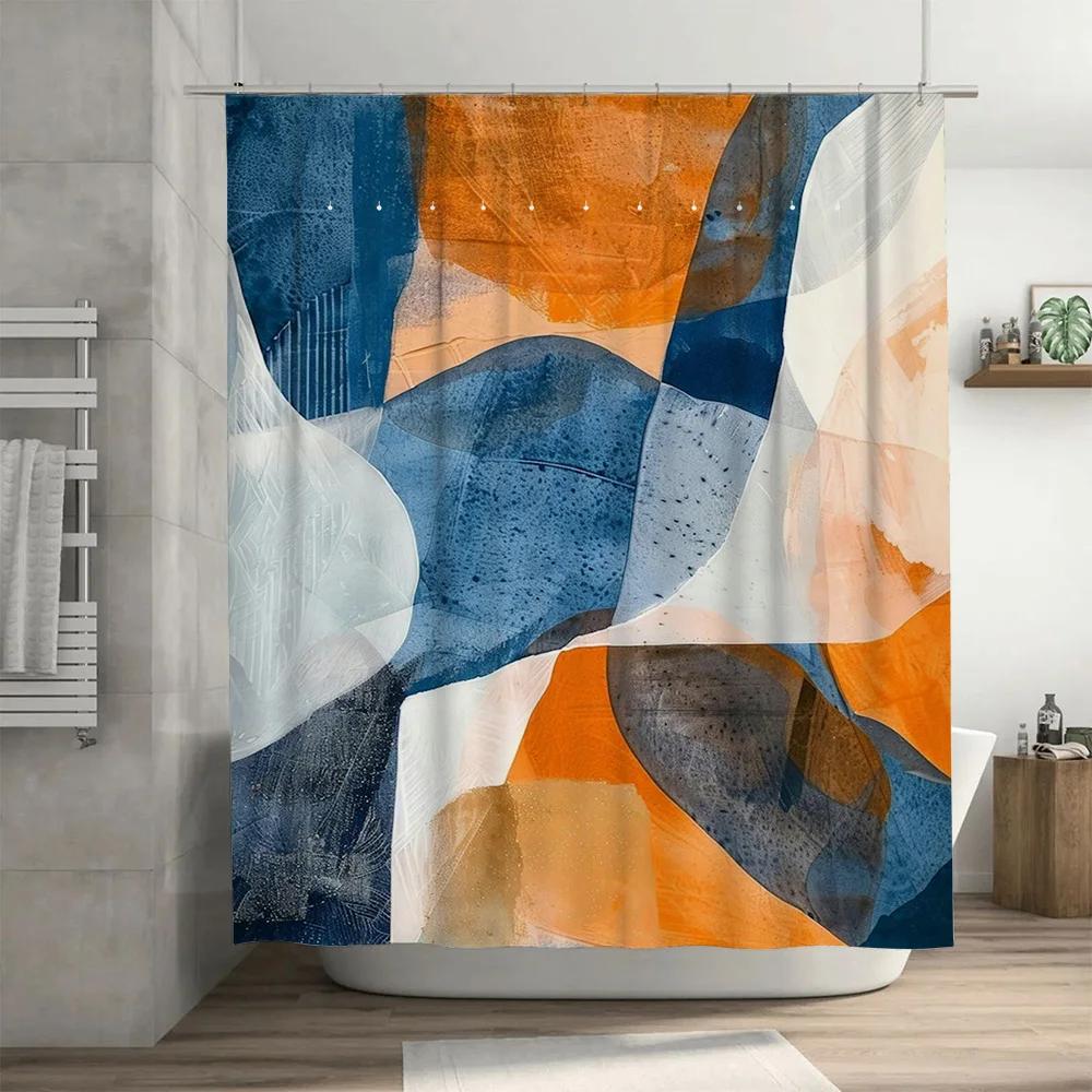 Modern abstrakt duschdraperi med blå, orange, vita, grå mönster för badrumsinredning, vattentätt tyg, 72x84 tum (180 cm
