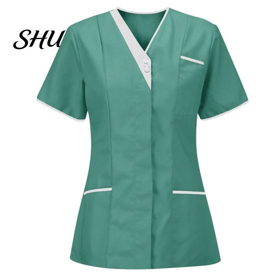 Tops Uniforme Camici da Infermiere Traspiranti Donna Scollo a V Manica Corta Tasche Top Scrub Tute Uniformi Patchwork Colore Design Lavoro Infermieristico