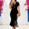 Women Plus Size V Neck Short Sleeve Black Gold Printed Fitted Fishtail Dress