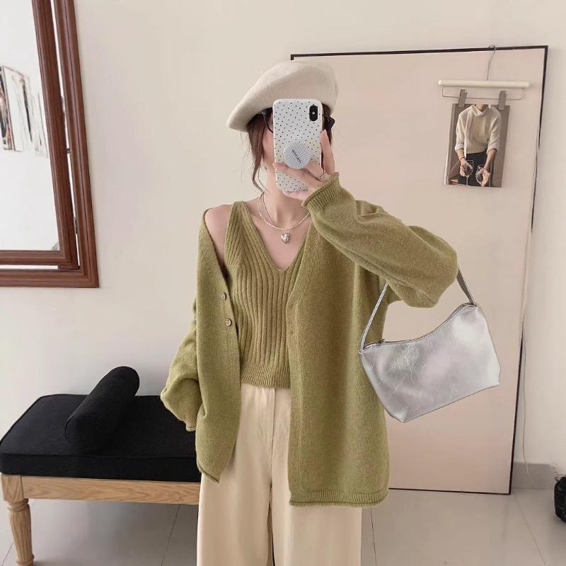 Lazy Wind Knitted Sweater Cardigan Sweater Jacket Top with V-neck Sling Vest Simple Two-piece Set Women