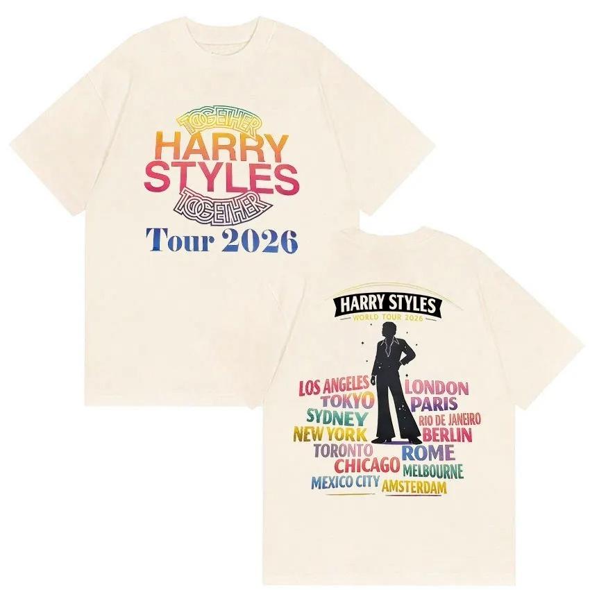 

Harry Styles TOGETHER World Tour 2026 City List Rainbow Graphic T-Shirt Men Women Cotton Streetwear Tops S разноцветный