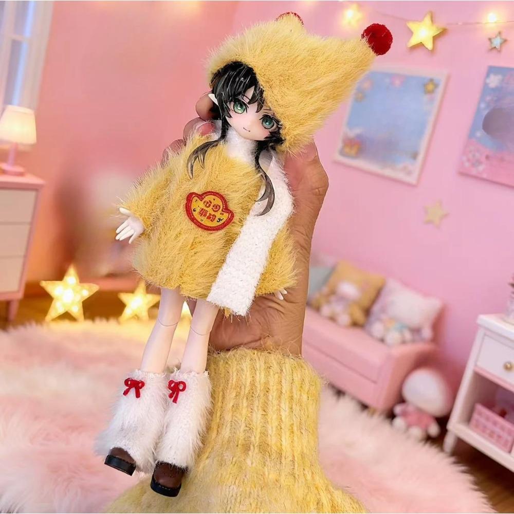 For 1/8 1/12 OB11 BJD Doll Clothes Set - Winter Plush Maid Outfit Cute Warm Doll Dress Up Accessories (Only Clothes)