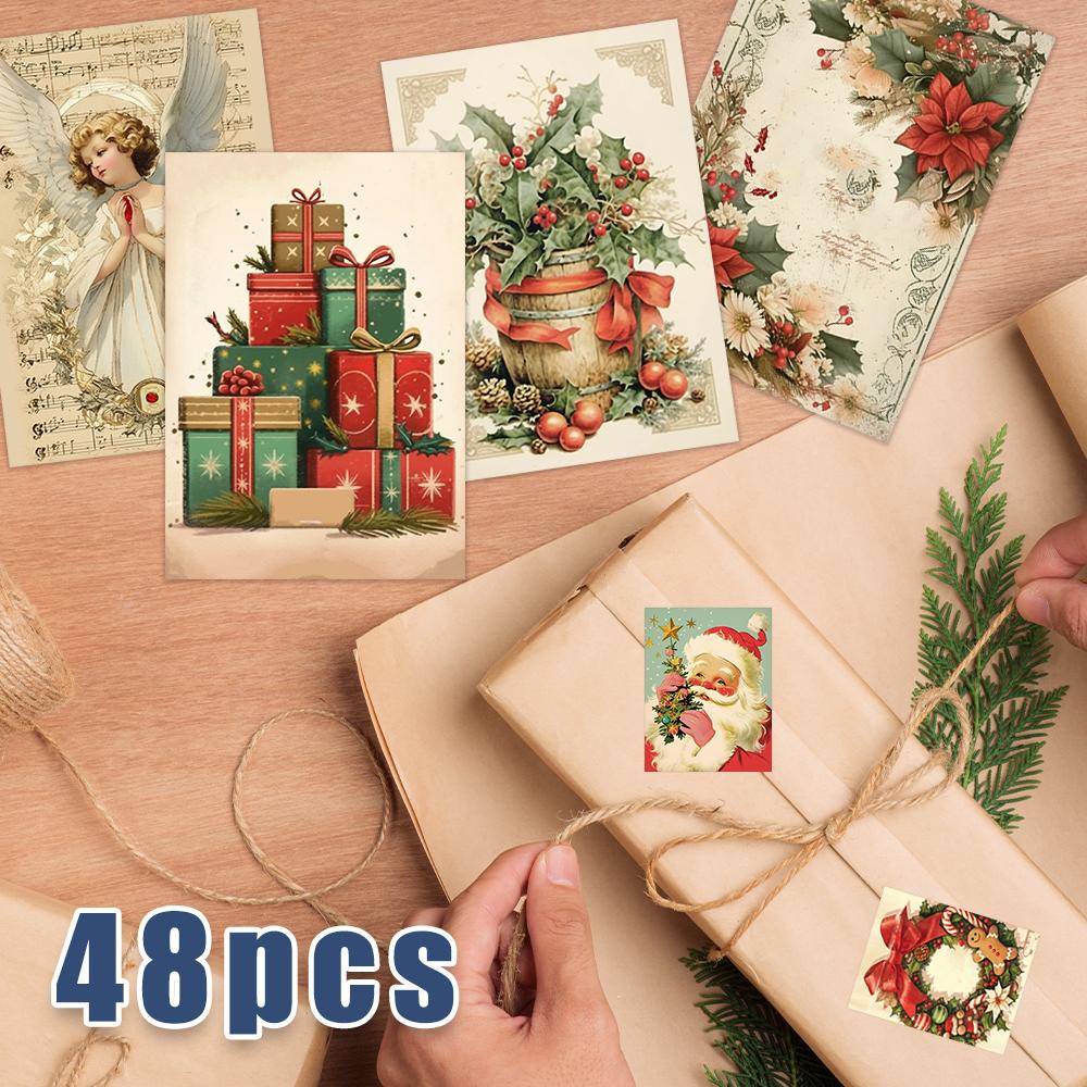 48pcs, Retro Christmas Postcard Set - with Stickers, Christmas/Anniversary Gifts, Collectibles, Suitable for Gift-Giving.
