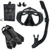 Adult Snorkeling Set: Tempered Glass Diving Mask, Full Dry Snorkel, Fins - Three-Piece Kit