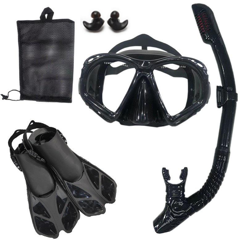 Adult Snorkeling Set: Tempered Glass Diving Mask, Full Dry Snorkel, Fins - Three-Piece Kit