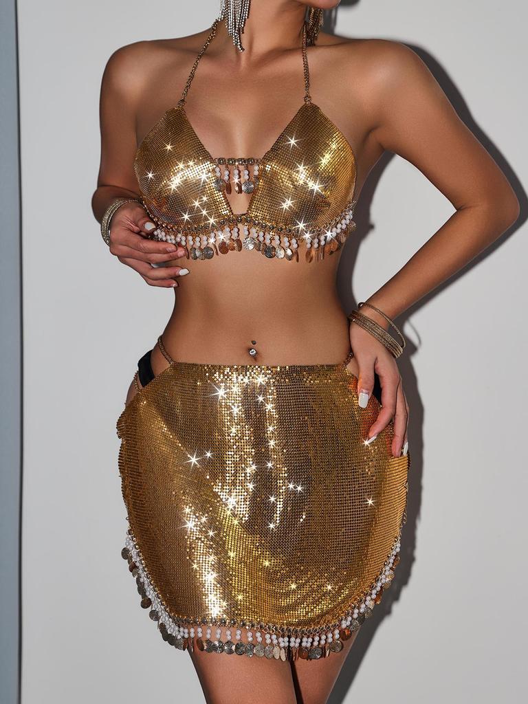 European & American Women's Summer Body Chain Sexy Off-Shoulder Vest with Metal Tassel Sequin Set