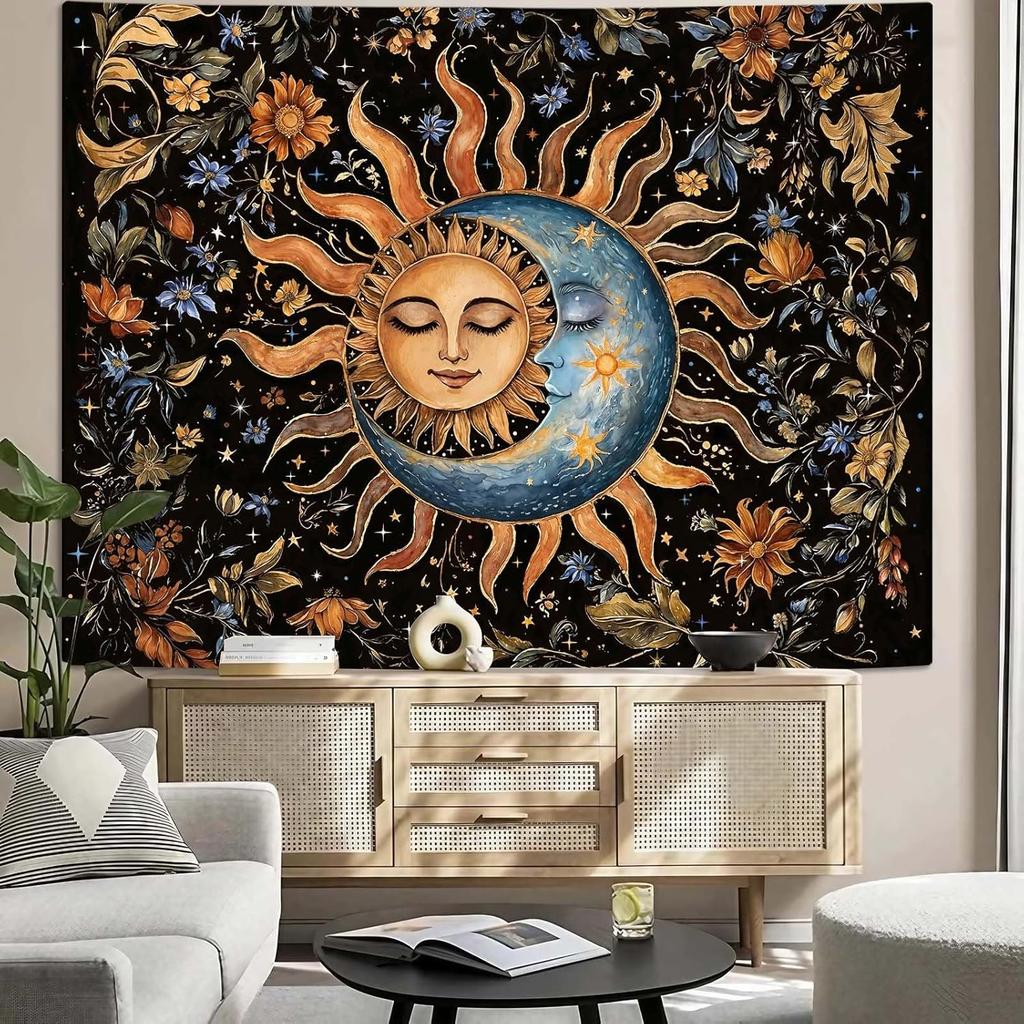 Sun and Moon Wall Tapestry Celestial Boho Decor Floral Night Sky Pattern Astrology Theme Home Decoration Dreamy Cosmic Design