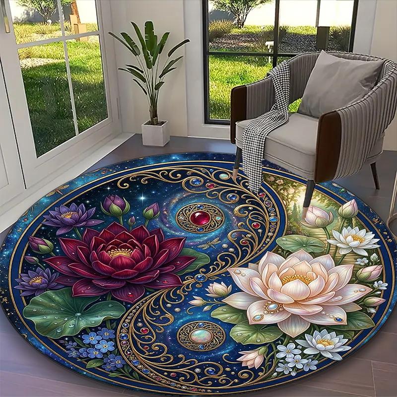 1pc Lotus Blossom Yin Yang Printed Chair Rug for Home Office Use, Living Room Kitchen Game Room Round Carpet