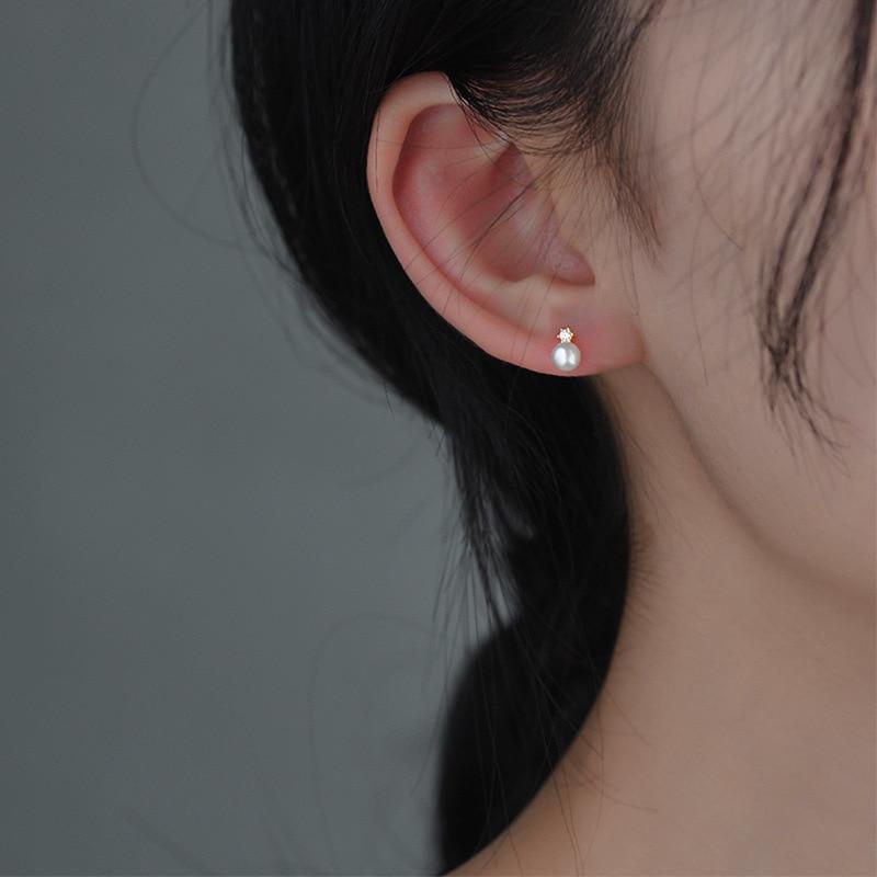 925 Sterling Silver Simple Crystal Pearl Stud Earrings Women Fashion Charm Anniversary Gift Jewelry