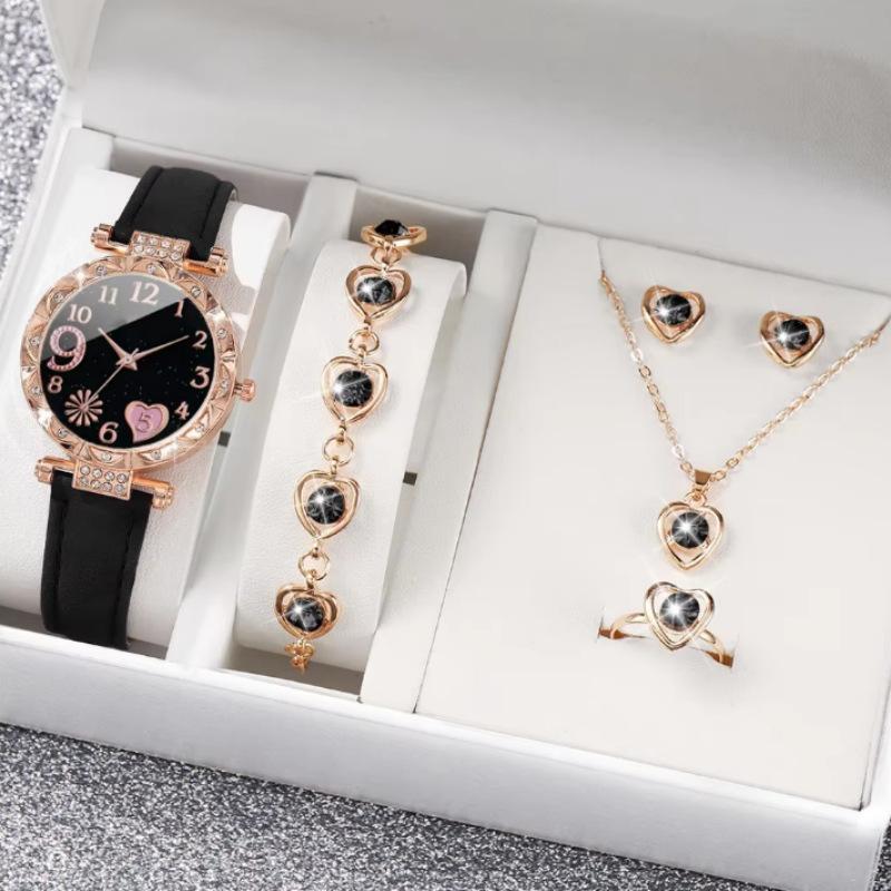 New Popular Women'S Diamond-Encrusted Dial Pu Leather Strap Quartz Watch Bracelet Set