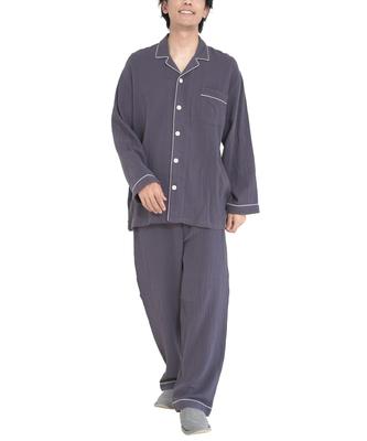 ON NISHIKI Long Sleeve Top and Bottom Double Long Loungewear Size Men's Pajamas, 100% Cotton, Front-Opening, Set, Spring/Autumn, Gauze, Skin-Friendly,