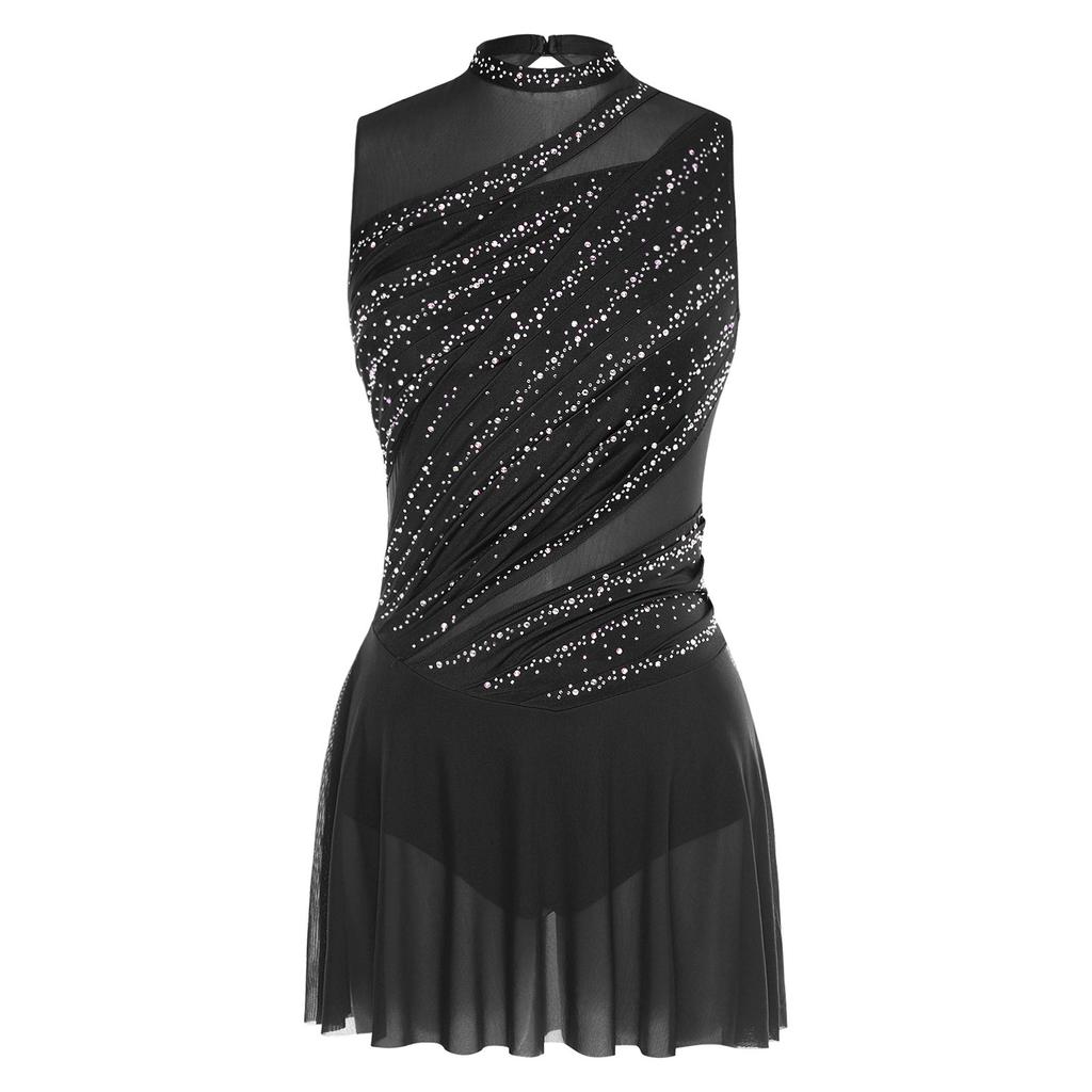 Womens Gymnastics Artistic Figure Skating Ballet Lyrical Dance Leotards Dress Rhinestones Built -In Crotch Buttons Briefs Dress