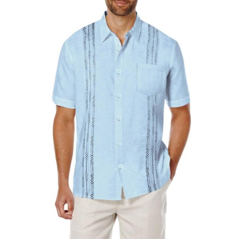 

Mens Cuban Guayabera Shirt Linen Blend Short Sleeve Embroidery Casual Top S синій