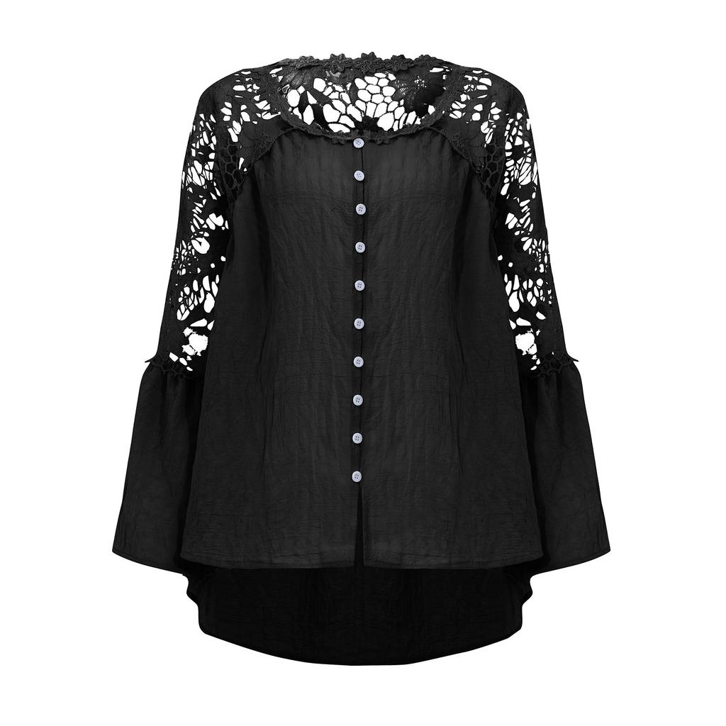 Women's Lace Shirt Women's Long Sleeve Color Deep V Pullover Chiffon Shirt