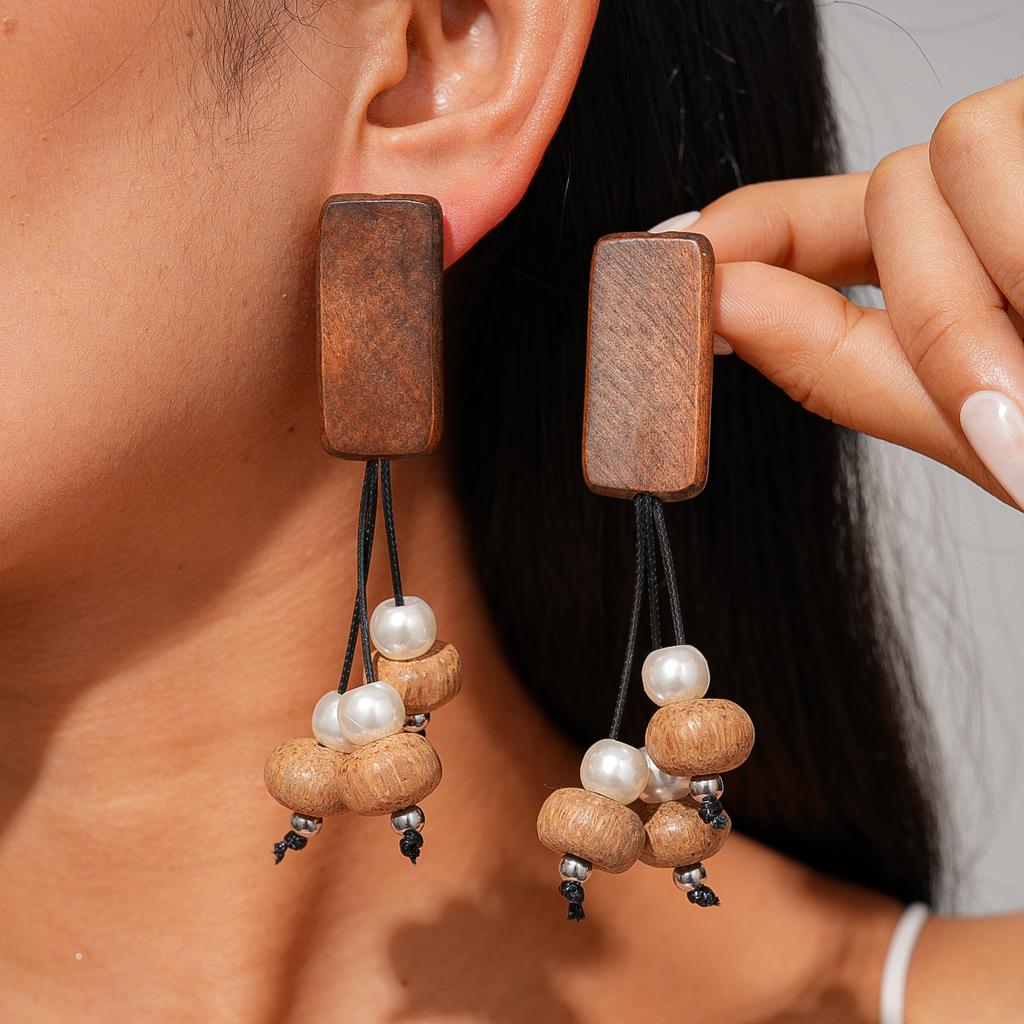 Wood imitation pearl geometric fringed silver needle earrings bohemian vintage autumn and winter niche earrings