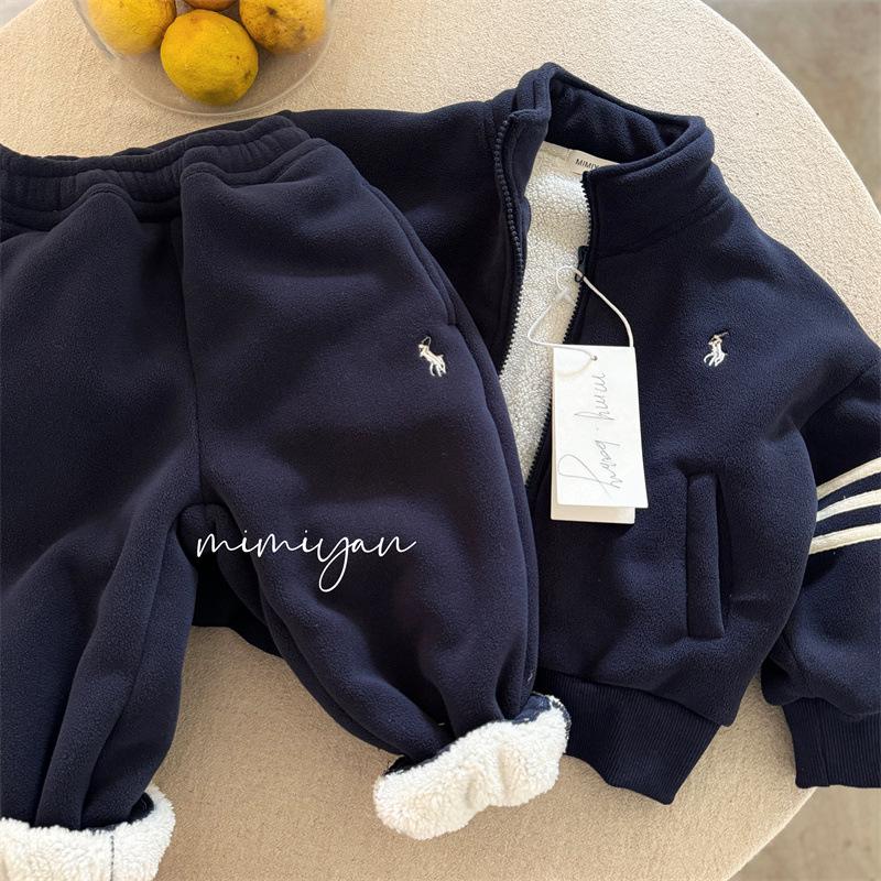 Jachetă caldă de pluș pentru copii 2024 și costum din două piese din lână la modă pentru băieți și fete