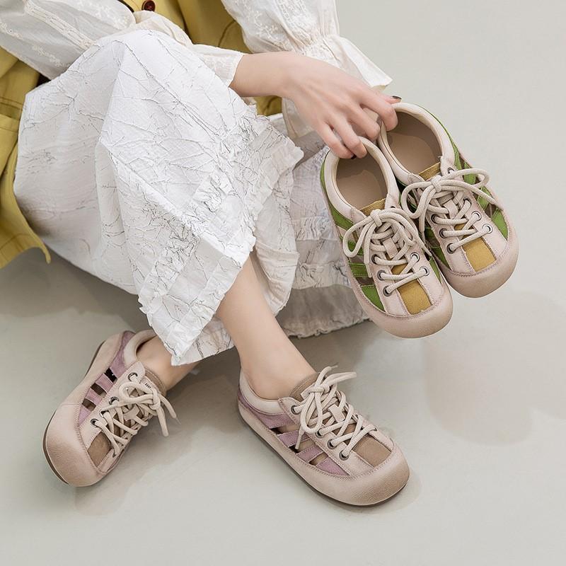 Johnature College Style Hollow-out Sandals Genuine Leather Round Toe Comfortable And Breathable Women's Shoes