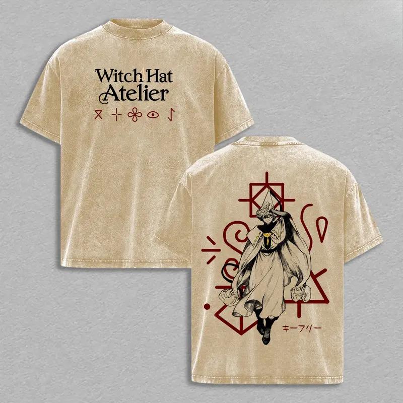 Anime Witch Hat Atelier Qifrey Printed Tee Men Women Washed Cotton T-shirts Short Sleeve Retro T Shirt Harajuku Oversized Tshirt