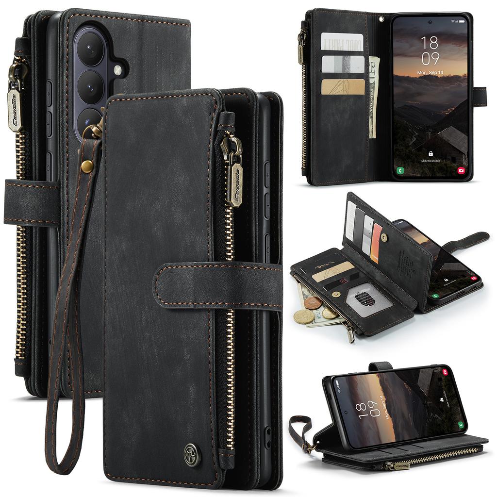 For Samsung Galaxy S26 Phone Cases with Strap CASEME C30 Zipper Multiple Card Holder PU Leather Cover