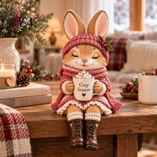 Layered Knit Texture Statues Christmas Animal Shelf Sitter Figurine, Woodland Statue with Mug, Dangling Leg Charming Seasonal Home Accessories Mantel