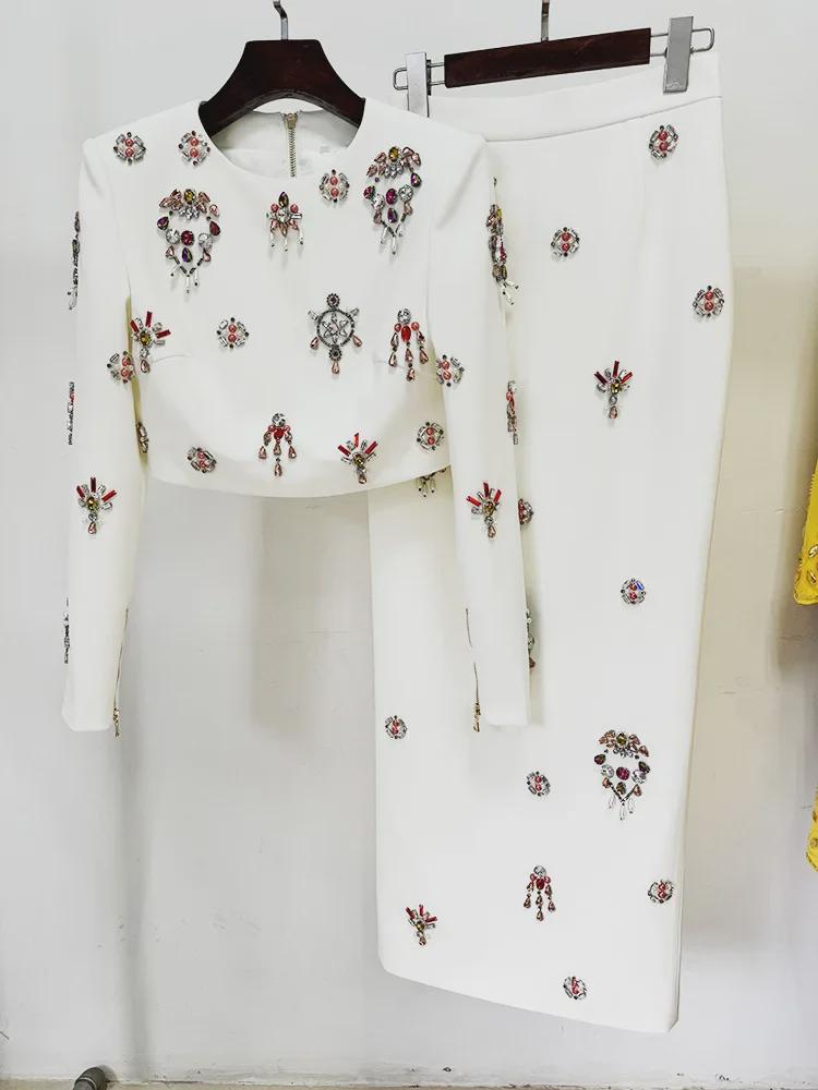 2025 Promi-Mode Perlenbesetztes Diamant-Top & Langer Rock Zweiteiler