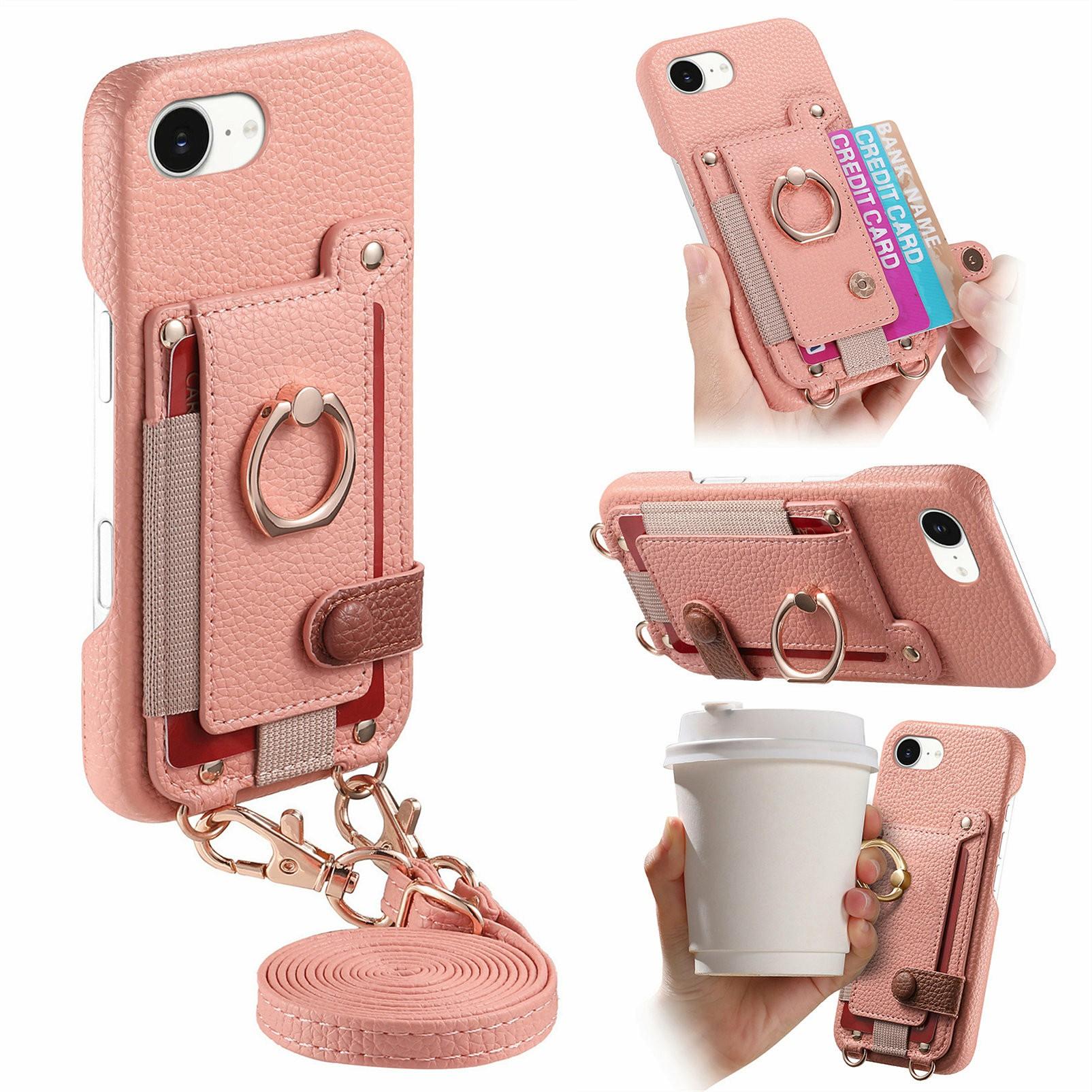 

For iPhone 16e Case Card Holder Ring Kickstand Leather + PC Phone Cover with Shoulder Strap